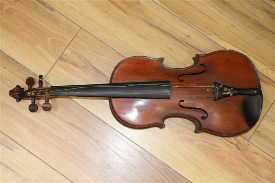 A 19th century violin by Louis Jolly, with bow cased Length 62cm